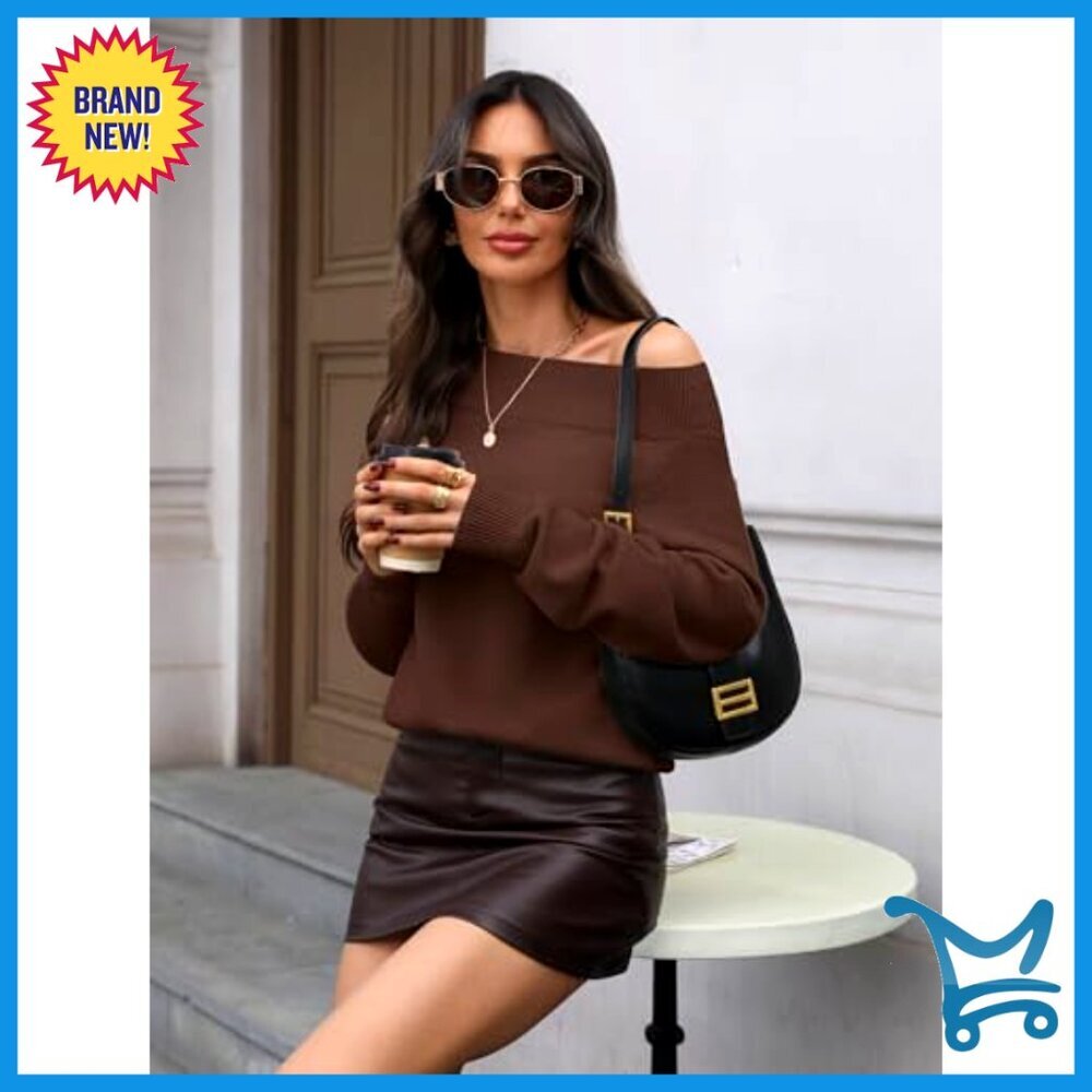 Off Shoulder Sweater Cozy Pullover Long Sleeve Chic Casual Fall Winter Outfit - Picture 6 of 7